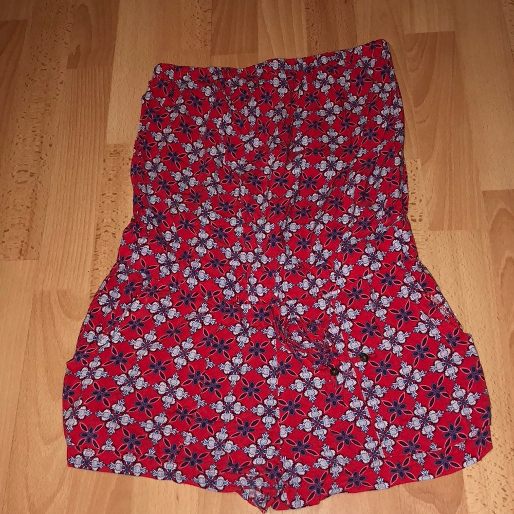 Red Patterned Strapless Romper